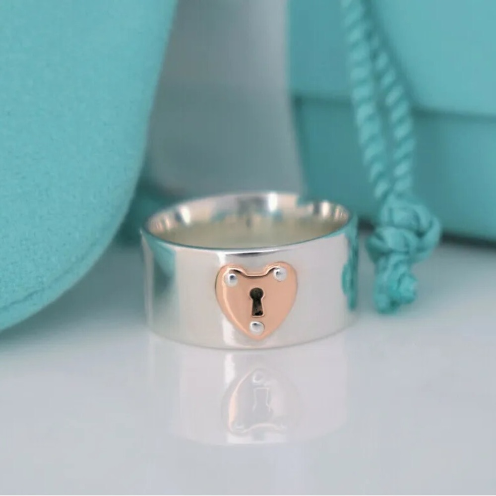 TIFFANY & CO KEYHOLE HEART LOCK ROSE GOLD & SILVER RING size 5.5